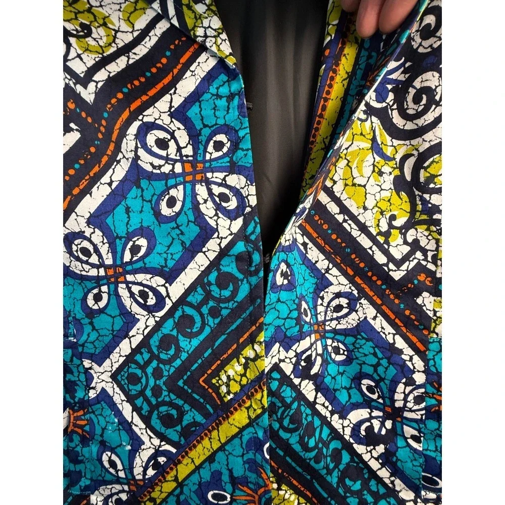 Chico's Batik Geometric Print Blazer Jacket Womens 3 Large Blue Cotton Blend